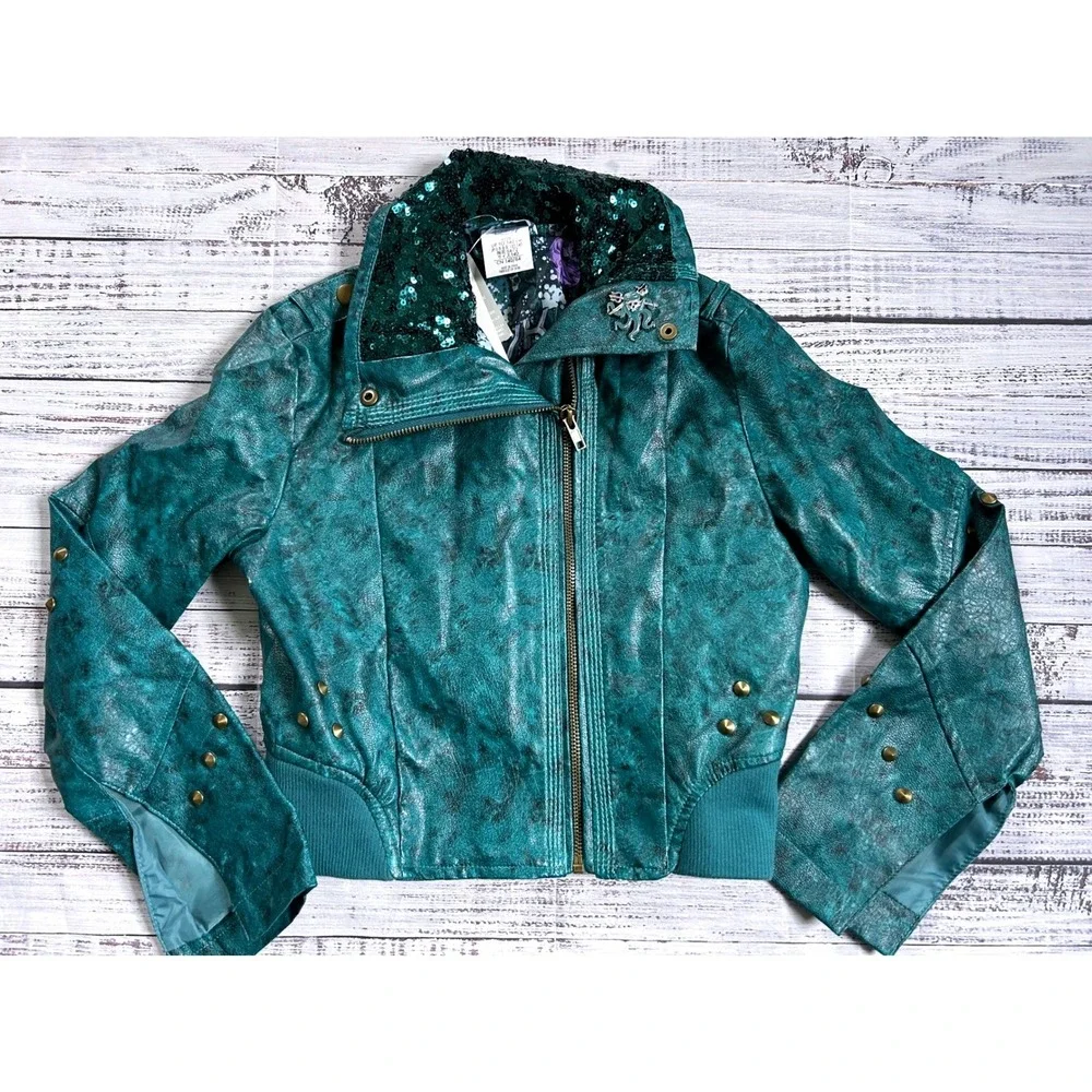 Disney Descendants Uma Jacket 9/10 Girls Faux Leather Sequins Teal Moto NWT